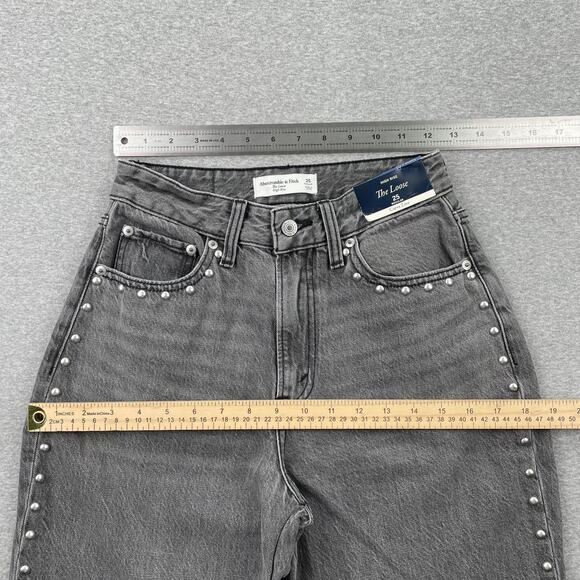 Abercrombie & Fitch High Rise Loose Jeans Womens 25 Curve Love Gray Studded NWT - Picture 8 of 16